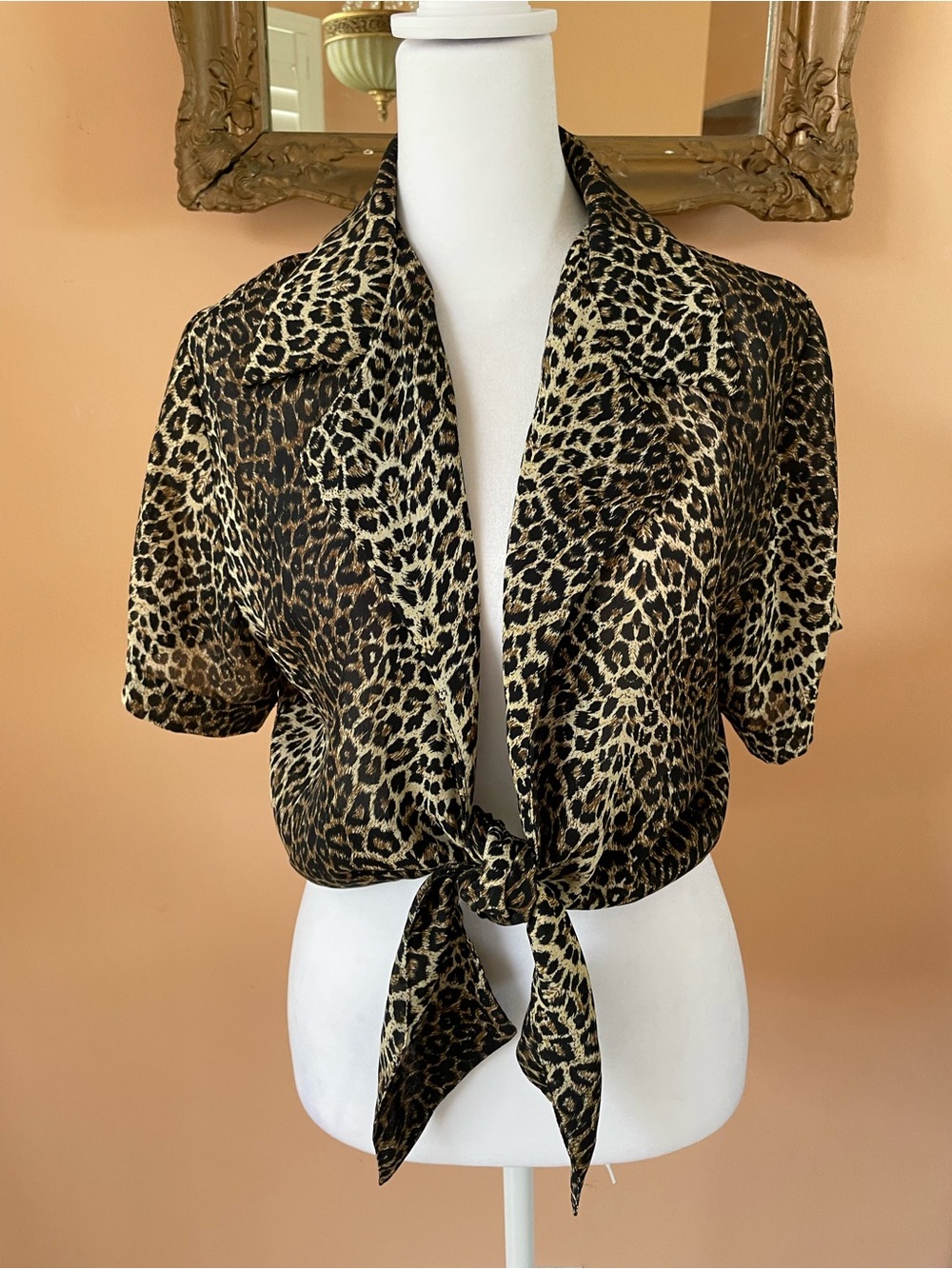 Virgo Leopard Print Poly Tie-Front Collared Crop Top in Black and Tan  14P
